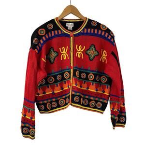 Abini Cardigan Sweater Large Colorful Vintage Knitted Red Yellow